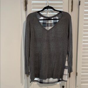 Gray V-Neck Sweater with Plaid Back